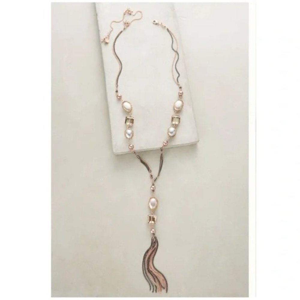 🌞 Anthropologie Mixed Metal Freshwater Pearl Long Jessamine Lariat Necklace